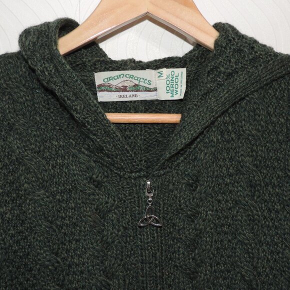 Aran Crafts Gorgeous Green Cable Knit Full 2-way Zip Hoodie Wool Sweater sz M - Picture 2 of 15